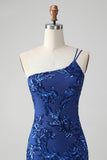 Sparkly Bodycon Royal Blue One Shoulder Sequins Cocktail Dress with Embroidery