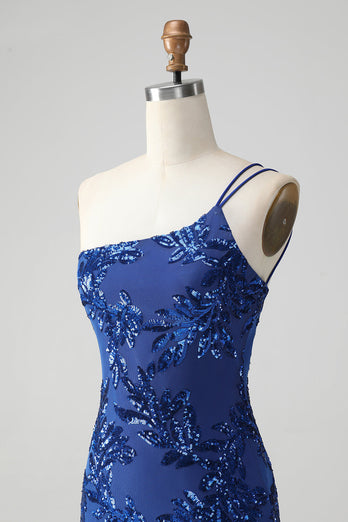 Sparkly Bodycon Royal Blue One Shoulder Sequins Cocktail Dress with Embroidery