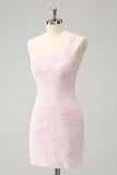 Glitter Pink One Shoulder Tight Cocktail Dress with Sequins