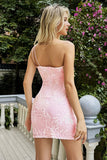 Pink One Shoulder Applique Sequins Mini Bodycon Cocktail Dress