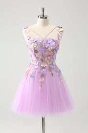 Purple A Line Halter Flowers Tulle Short Cocktail Dress