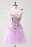 Elegant Purple A Line Floral Tulle Short Cocktail Dress with Lace Up Back