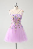 Purple A Line Halter Flowers Tulle Short Cocktail Dress