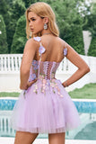 Elegant Purple A Line Floral Tulle Short Cocktail Dress with Lace Up Back