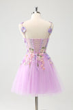 Purple A Line Halter Flowers Tulle Short Cocktail Dress