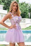 Elegant Purple A Line Floral Tulle Short Cocktail Dress with Lace Up Back