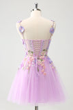 Elegant Purple A Line Floral Tulle Short Cocktail Dress with Lace Up Back