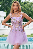 Elegant Purple A Line Floral Tulle Short Cocktail Dress with Lace Up Back