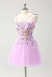 Purple A Line Halter Flowers Tulle Short Cocktail Dress