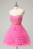 Glitter Pink A-Line Spaghetti Straps Tiered Tulle Cocktail Dress