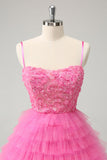 Glitter Pink A-Line Spaghetti Straps Tiered Tulle Cocktail Dress