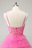 Glitter Pink A-Line Spaghetti Straps Tiered Tulle Cocktail Dress