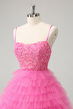 Glitter Pink A-Line Spaghetti Straps Tiered Tulle Cocktail Dress