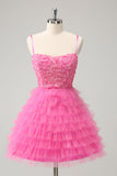 Glitter Pink A-Line Spaghetti Straps Tiered Tulle Cocktail Dress