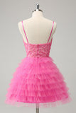 Glitter Pink A-Line Spaghetti Straps Tiered Tulle Cocktail Dress