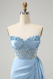 Sparkly Blue Bodycon Sweetheart Corset Cocktail Dress with Beading