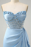 Sparkly Blue Bodycon Sweetheart Corset Cocktail Dress with Beading