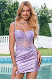 Sparkly Purple Spaghetti Straps Tight Corset Cocktail Dress with Appliques