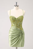 Sparkly Army Green Lace-Up Back Cocktail Dress with Appliques