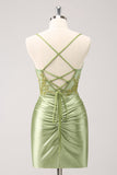 Sparkly Army Green Lace-Up Back Cocktail Dress with Appliques