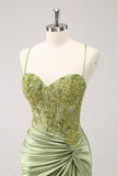 Sparkly Army Green Lace-Up Back Cocktail Dress with Appliques