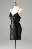 Stylish Glitter Black Sequins Tight Halter Cocktail Dress with Lace Up Back