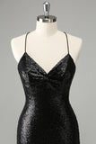 Stylish Glitter Black Sequins Tight Halter Cocktail Dress with Lace Up Back