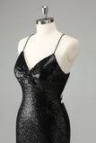 Stylish Glitter Black Sequins Tight Halter Cocktail Dress with Lace Up Back