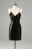 Stylish Glitter Black Sequins Tight Halter Cocktail Dress with Lace Up Back