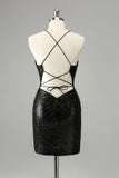 Stylish Glitter Black Sequins Tight Halter Cocktail Dress with Lace Up Back