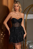 Sparkly A-Line Black Sweetheart Tiered Corset Cocktail Dress