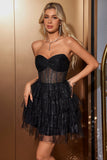 Sparkly A-Line Black Sweetheart Tiered Corset Cocktail Dress