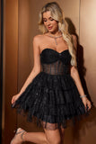 Sparkly A-Line Black Sweetheart Tiered Corset Cocktail Dress