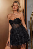 Sparkly A-Line Black Sweetheart Tiered Corset Cocktail Dress