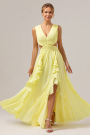 Lemon Yellow A Line Cut Out Lace Up Back Long Bridesmaid Dress with Ruffles