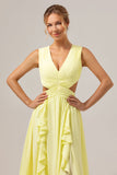 Lemon Yellow A Line Cut Out Lace Up Back Long Bridesmaid Dress with Ruffles