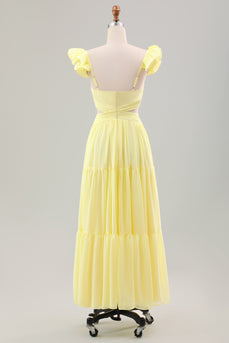 Simple Lemon Yellow A Line Pleated Ruffled Wedding Guest Dress