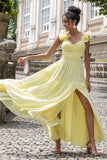 Simple Lemon Yellow A Line Pleated Wedding Party Guest Dress with Ruffles