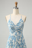 White Blue Flower A Line Spaghetti Straps Wedding Guest Dress