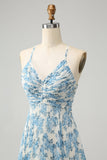 White Blue Flower A Line Spaghetti Straps Wedding Guest Dress