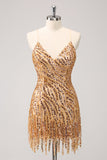 Sparkly Gold Tight Sequins V Neck Homecoming Dress with Fringes
