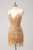 Sparkly Gold Tight Sequins V Neck Homecoming Dress with Fringes