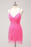 Sparkly Hot Pink Tight Sequins V Neck Cocktail Dress with Fringes