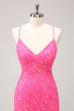 Sparkly Hot Pink Tight Sequins V Neck Cocktail Dress with Fringes