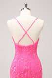 Sparkly Hot Pink Tight Sequins V Neck Cocktail Dress with Fringes