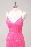 Sparkly Hot Pink Tight Sequins V Neck Cocktail Dress with Fringes