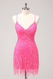 Sparkly Hot Pink Sequins V Neck Tight Cocktail Dress with Fringes