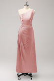 Dusty Rose One Shoulder Satin Long Bridsmaid Dress with Keyhole