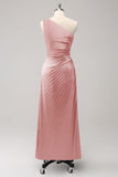 Dusty Rose One Shoulder Satin Long Bridsmaid Dress with Keyhole