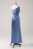 Blue One Shoulder Satin Keyhole Long Bridsmaid Dress